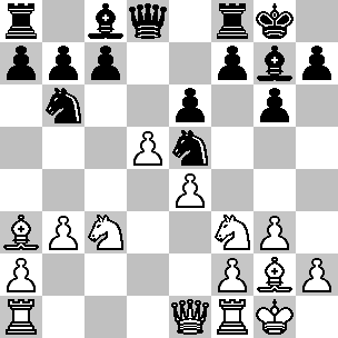 Wit: Kg1, De1, Ta1, Tf1, La3, Lg2, Pc3, Pf3, pi a2, b3, d5, e4, f2, g3, h2; Zwart: Kg8, Dd8, Ta8, Tf8, Lc8, Lg7, Pb6, Pe5, pi a7, b7, c7, e6, f7, g6, h7