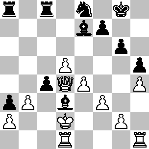 Wit: Kc1, Dd4, Td1, Th1, pi a2, b3, d5, e4, f3, g2, h4; Zwart: Kg8, Ta8, Tc8, Ld3, Le7, Pe8, pi a3, c4, f7, g6, h5