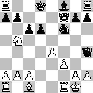 Wit: Kg1, Df7, Ta1, Tf1, Lc1, Pb5, pi a2, b2, c2, e4, f3, g2, h2; Zwart: Kd8, Dh4, Ta8, Th8, Lf8, Pf6, pi a7, b7, c6, d6, f7, g7, h7