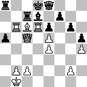 Wit: Kb1, Dc5, Tb6, Td6, Lc6, pi b2, c2, e4, e5, g2, h4; Zwart: Kd8, De8, Ta8, Tc7, Ld7, pi a5, e6, f7, g6, h5