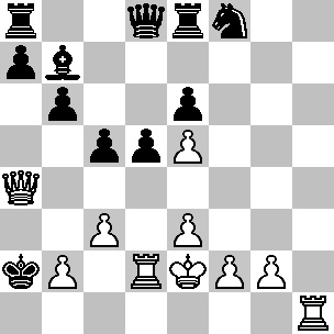 Wit: Ke2, Da4, Td2, Th1, pi b2, c3, e3, e5, f2, g2; Zwart: Ka2, Dd8, Ta8, Te8, Lb7, Pf8, pi a7, b6, c5, d5, e6
