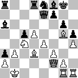 Wit: Kb1, Df2, Tg1, Th1, Ld3, Lg5, Pc4, pi a2, b3, d5, e4, f3, g2, h4; Zwart: Kg8, De7, Ta8, Td8, La6, Lf8, Pe8, pi a3, c5, f7, g6, h5