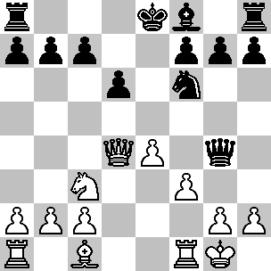 Wit: Kg1, Dd4, Ta1, Tf1, Lc1, Pc3, pi a2, b2, c2, e4, f3, g2, h2; Zwart: Ke8, Dg4, Ta8, Th8, Lf8, Pf6, pi a7, b7, c7, d6, f7, g7, h7