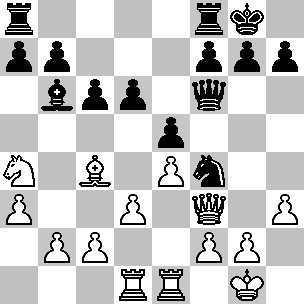 Wit: Kg1, Df3, Td1, Te1, Lc4, Pa4, pi a3, b2, c2, d3, e4, f2, g2, h3; Zwart: Kg8, Df6, Ta8, Tf8, Lb6, Pf4, pi a7, b7, c6, d6, e5, f7, g7, h7