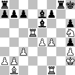 Wit: Kh2, Td5, Tg1, Lb1, Ph5, pi a2, b2, c3, e4, f4, h3; Zwart: Kh8, Ta8, Tg8, Le6, Le7, pi a7, b7, c7, f7, h4, h6